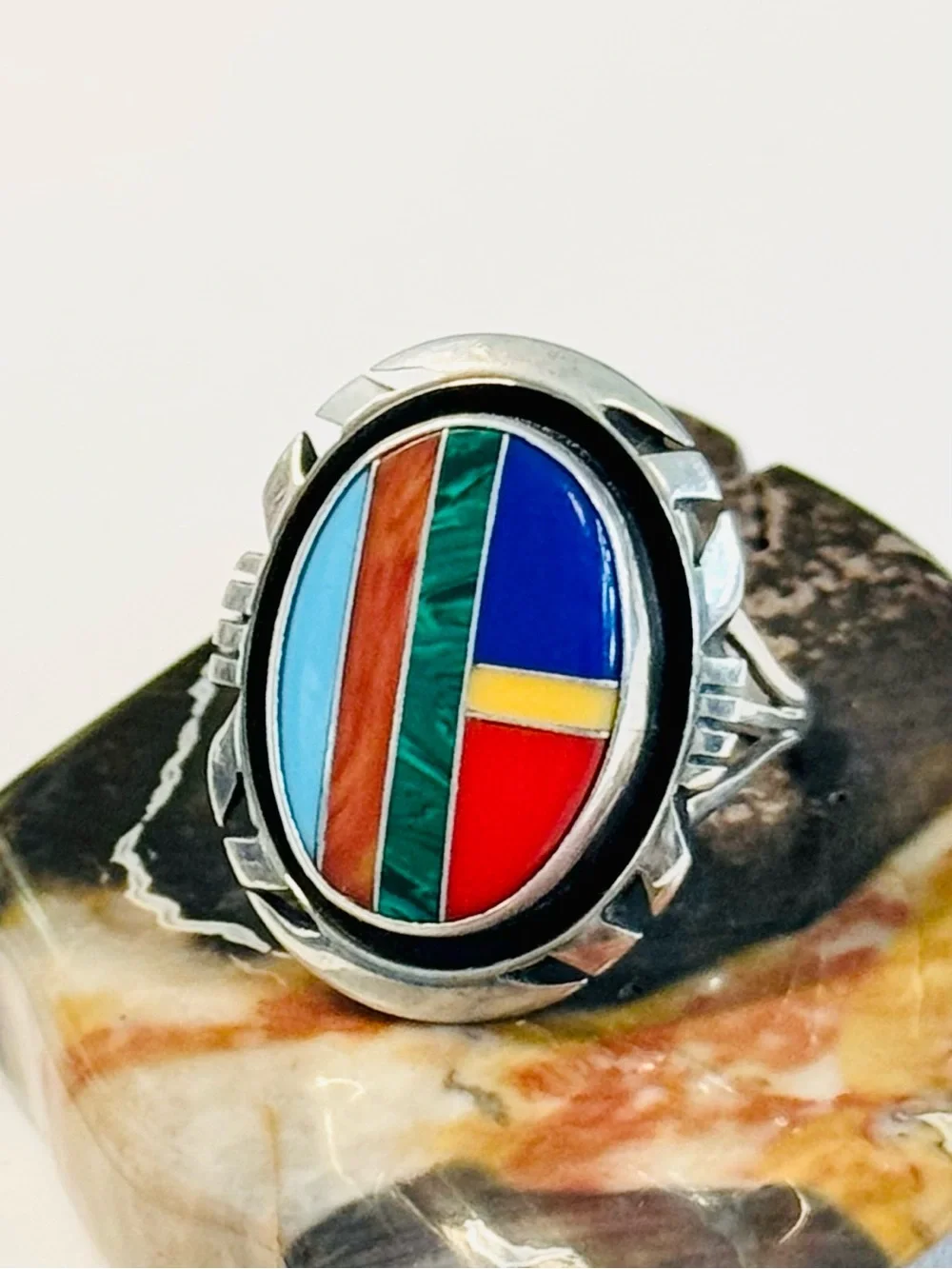 Vtg Navajo Sterling Multi Stone Inlay Ring (7)